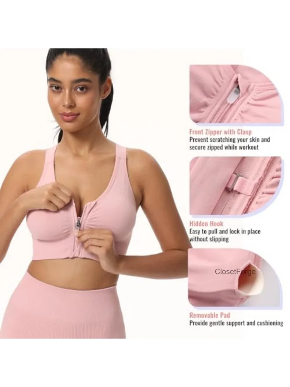 Zip Front Sports Bra Adjustable Racerback Medium Support Padded Seamless Yoga